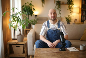 animateur podcast marketing digital market stef devant son micro