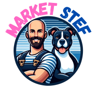 Logo de Market Stef, consultant en marketing et communication, représentant un homme souriant et un chien.